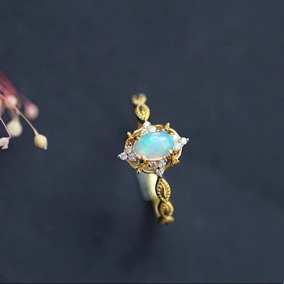 Yellow Gold Blue Oval Opal Fancy Halo Milgrain Ring - Picture 3 of 6